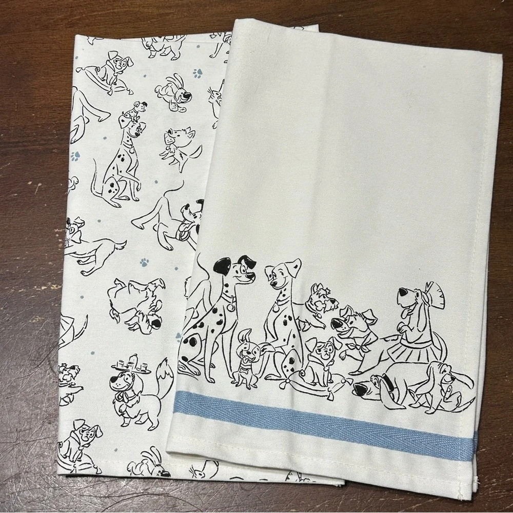 Disney Dogs Kitchen Towel Set Of 2 Dish Towels Cotton New White Blue‎ Sketch